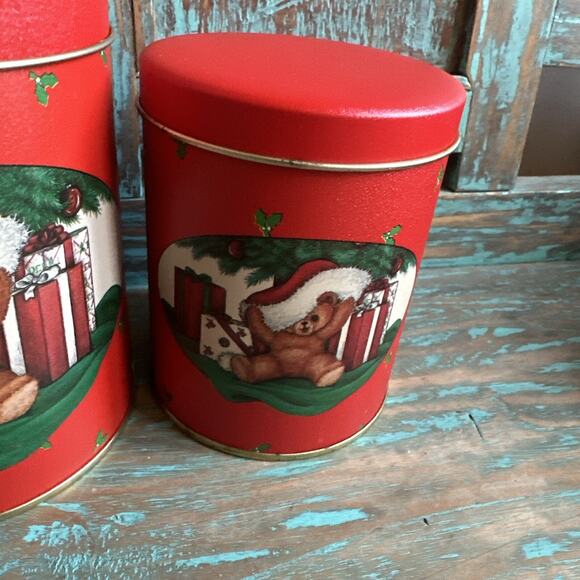 HOUSE OF LLOYD 1988 Nesting Tin 3pc Canister Set Teddy Bear Christmas Presents - Picture 4 of 15